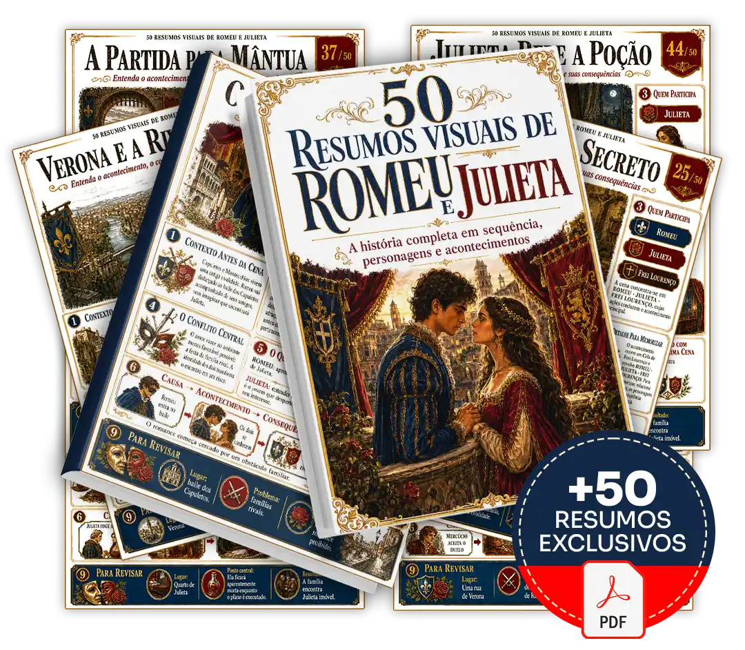 Mockup dos 50 Resumos Visuais de Romeu e Julieta